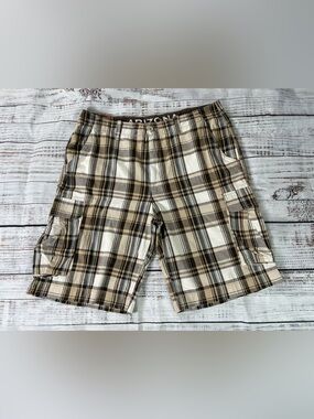 Arizona Jean Co. Cargo Shorts Men’s 40 Brown Ivory Blue Plaid NWT